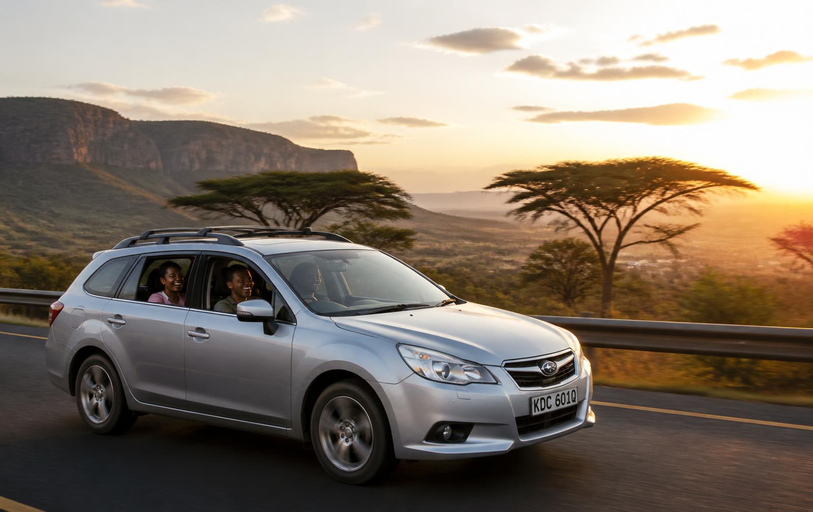 Passengers sharing a ride on a Kenyan highway at golden hour